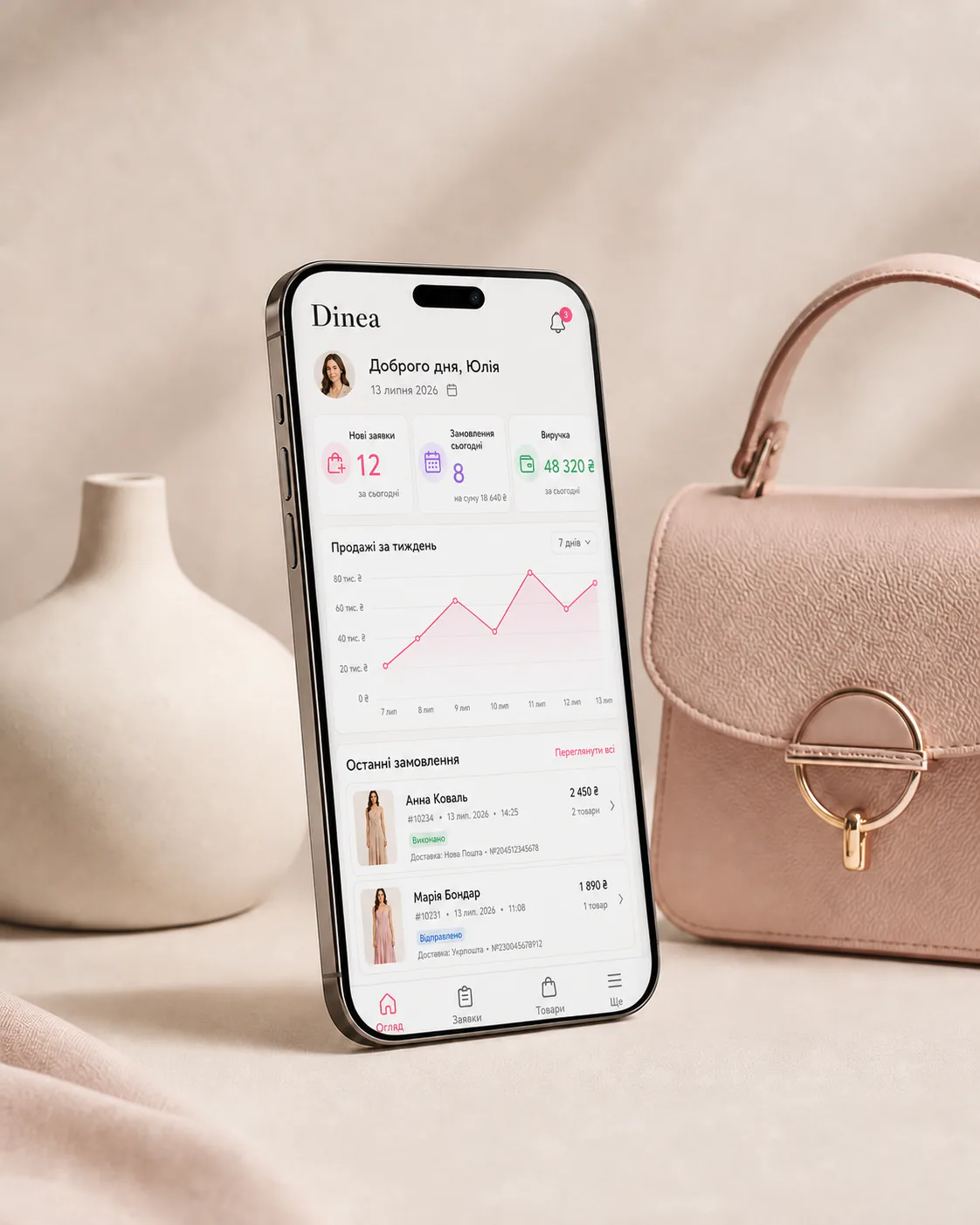 Dinea mobile app on a smartphone with performance metrics and recent orders